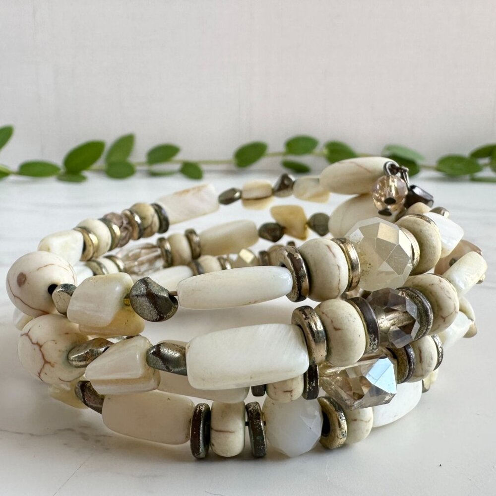 Handmade White & Gold Memory Wire Glass Bead Bracelet
